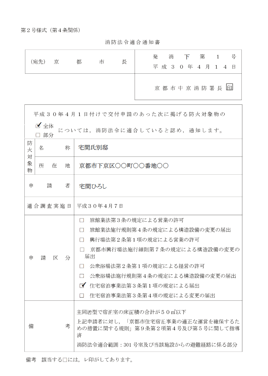 消防適合通知書のサンプル
