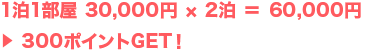 1泊1部屋 6,000円 × 5泊 = 30,000円 > 150ポイントGET!