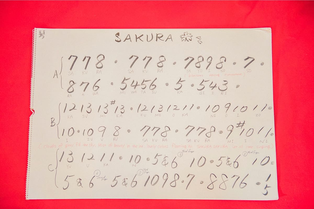 一般的に琴の楽譜は漢字表記なのだが、海外のゲストにもわかりやすいよう、押さえる弦の位置を数字に置き換えて教えている。