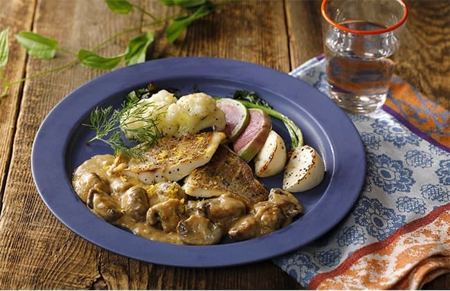 白身魚と鎌倉野菜のソテー マッシュルームソース ゆず風味