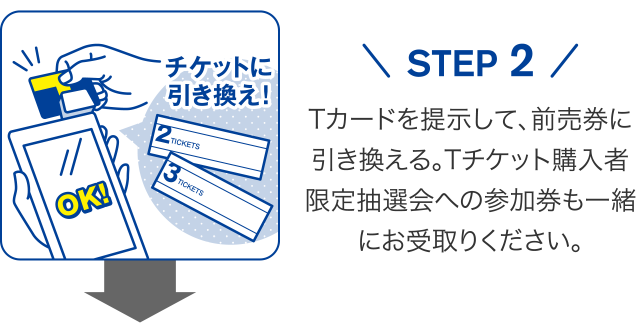 STEP 2 Tカードを提示して、前売券に引き換える。Tチケット購入者限定抽選会への参加券も一緒にお受取りください。