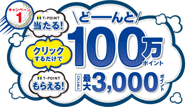 キャンペーン1 クリックするだけでTポイント当たる！Tポイントもらえる！どーんと100万ポイント 期間中に対象ブランドを利用してポイントを貯めると最大3,000ポイント