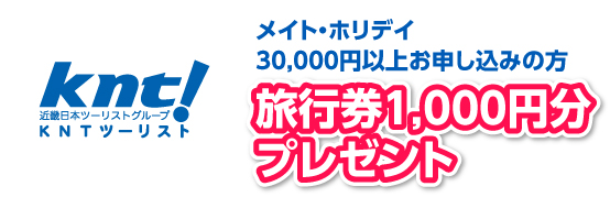 メイト・ホリデイ 30,000円以上お申し込みの方 旅行券1,000円分プレゼント